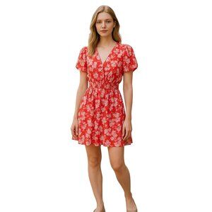 River Island Smocked Waist Chiffon Floral Print Dress Red Size 12 Boho Spring